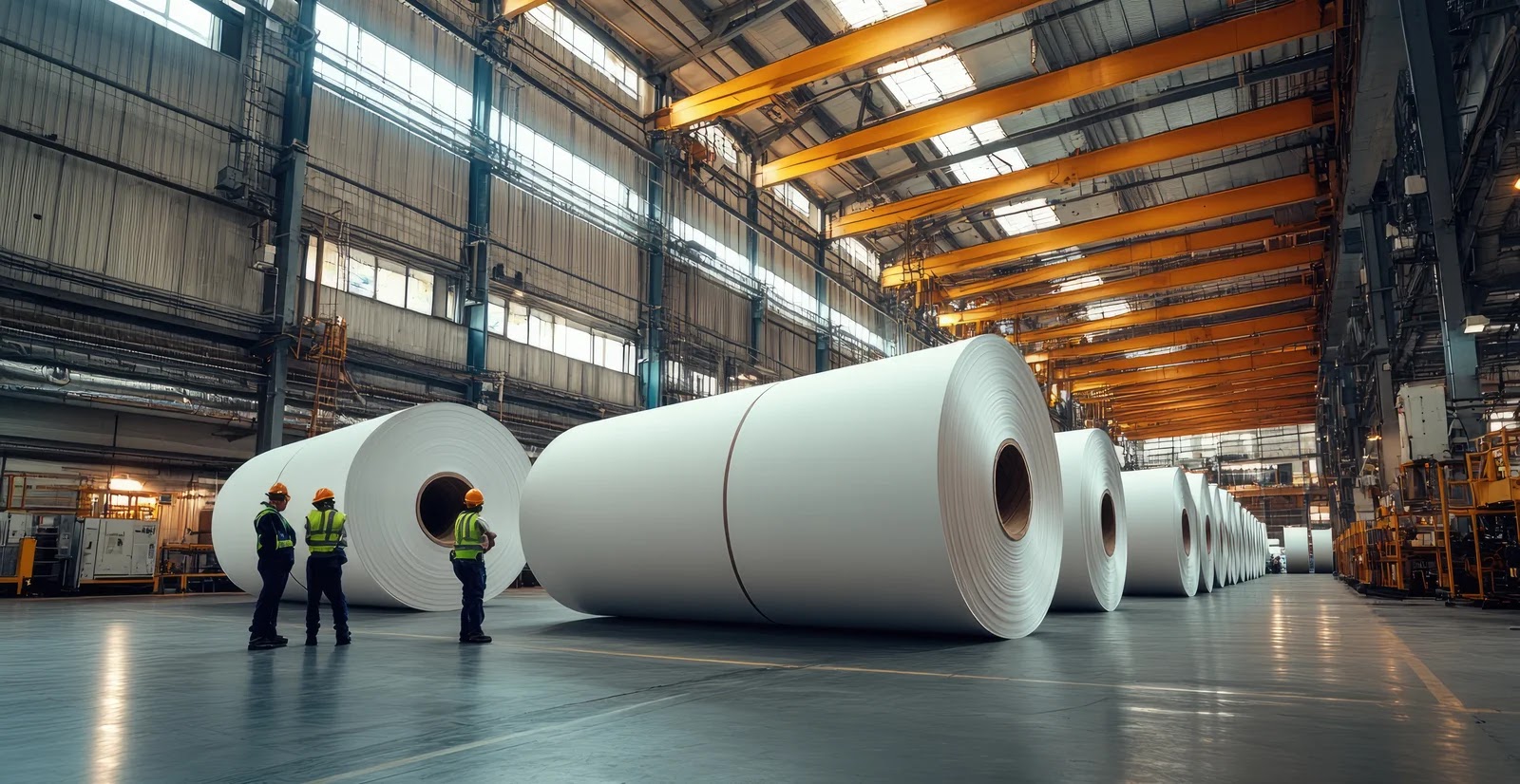 Bobinas de papel em fábrica de papel e celulose com trabalhadores usando EPIs