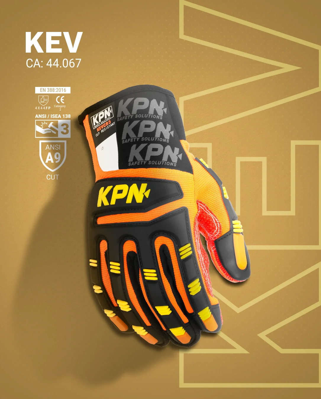 Quadro de certificações da luva KEV com norma EN 511, EN 388 e ANSI A9