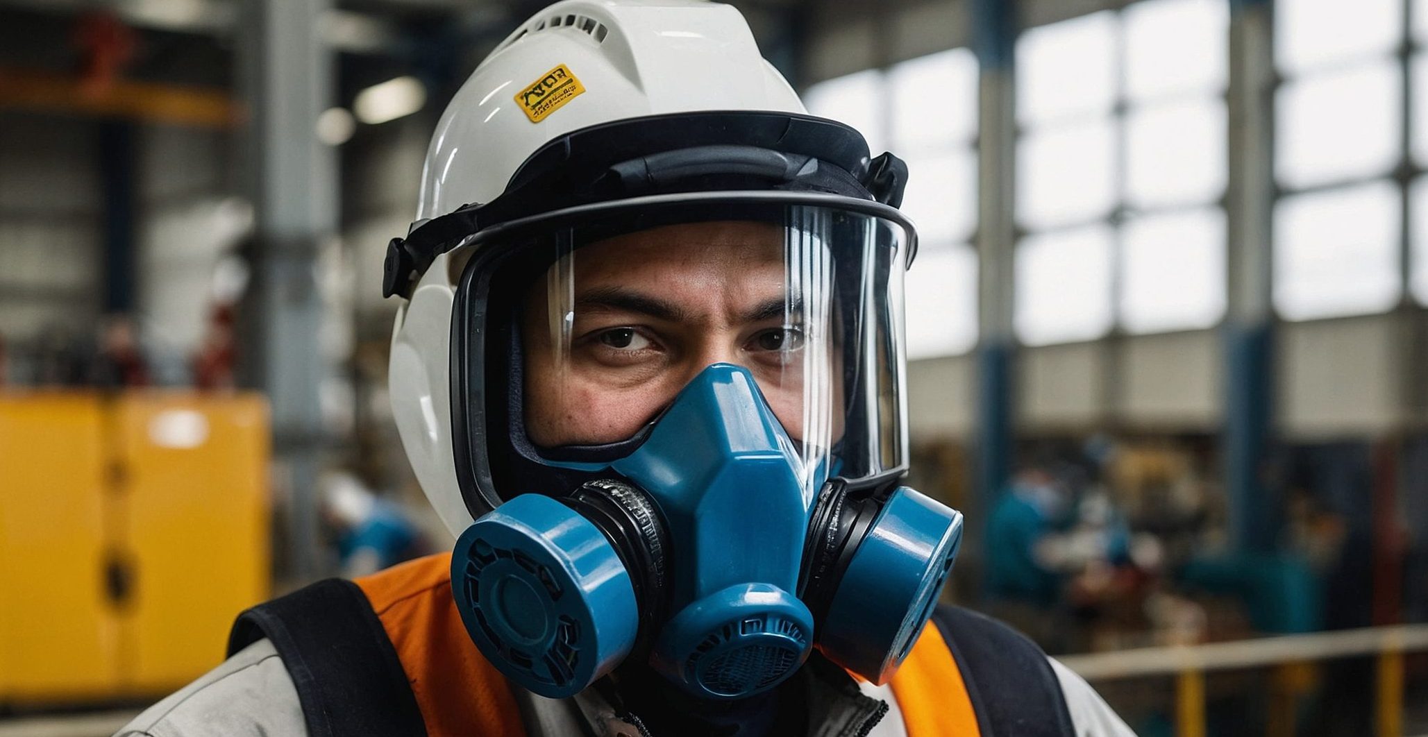 Trabalhador com equipamento de proteção respiratória industrial completo, incluindo máscara semifacial azul com filtros duplos e capacete branco em ambiente de fábrica.